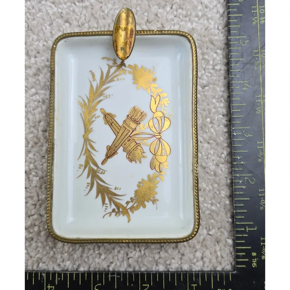 Vintage Paris Style Limoges France Porcelain Ashtray Gold Gilt Brass Trim